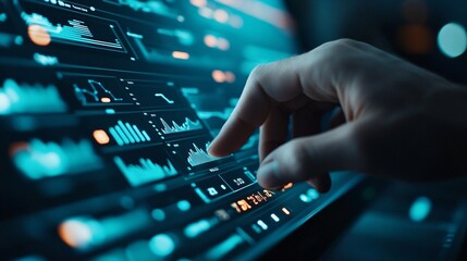 Obraz premium Futuristic hand interacting with digital interface, sleek tech-inspired visual highlighting technology and innovation, copy-space available.