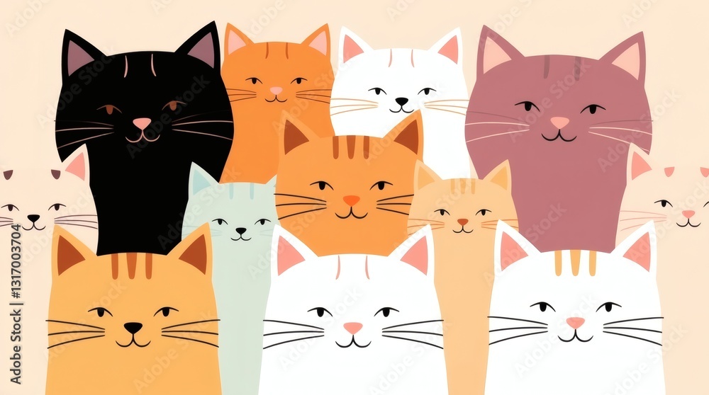 Poster a colorful group of cats, with different colours smiling happily