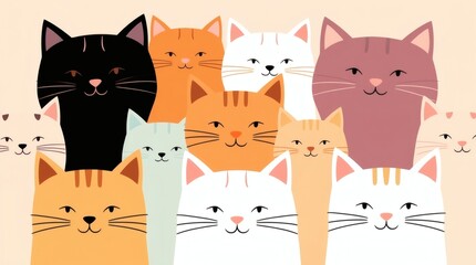 a colorful group of cats, with different colours smiling happily