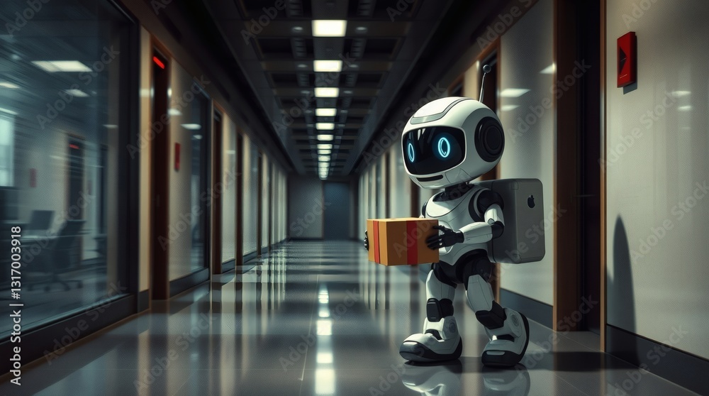 Poster a robot walking down a corridor in an office, carrying a package. the robot has a friendly expressio