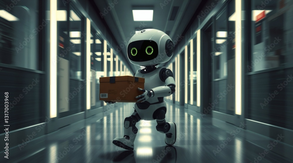 Poster a robot is carrying a package while walking through a futuristic hallway