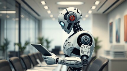 Fototapeta premium a robot looking at a tablet in the office. futuristic, modern, innovative