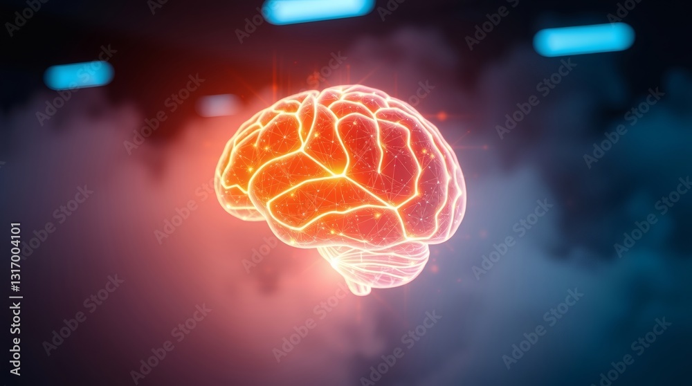 Poster a digital rendering of a glowing brain with an aura effect. It symbolizes the power of the mind, intelligence, and the wonders of the human brain