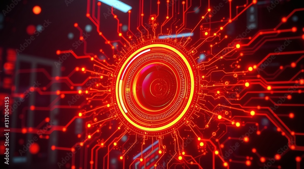 Poster a computer system with a central camera and glowing circuits. The circuits and camera in red and a central point of the system