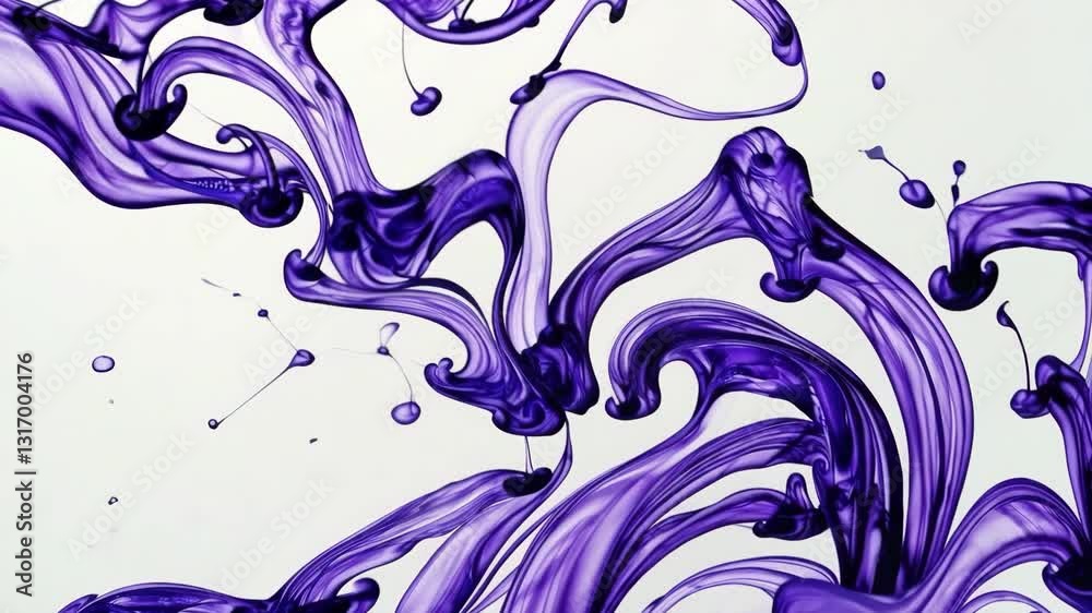 Poster vibrant purple ink swirling in water creating abstract patterns on white background