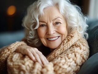 Smiling elderly woman wrapped in a cozy knitted scarf, sitting indoors with soft lighting