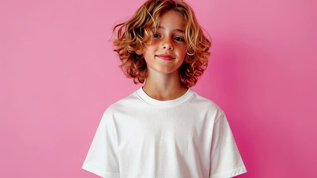 Studio portrait of a smiling child model wearing a white t shirt mockup on a pink background, showcasing positive emotion and youthful style video 4k