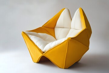 Yellow and white origami style armchair standing on a plain background, showcasing modern and unusual furniture design