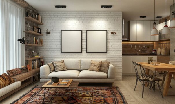 Modern studio apartment interior design with white brick wall, beige sofa, wooden table and rug.