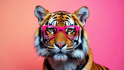 Tiger's portrait with pink glasses on a plain background, bright colors, pink glasses, cartoon