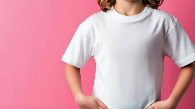 Studio portrait of a smiling child model wearing a white t shirt mockup on a pink background, showcasing positive emotion and youthful style video 4k