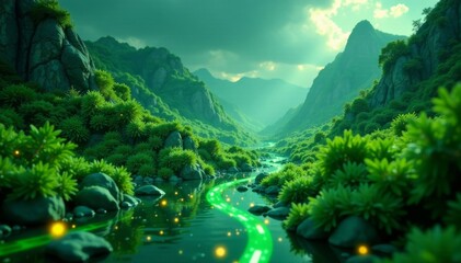 A futuristic digital landscape with digital data streams and networks connecting in a green environment, cyberpunk style, algorithms