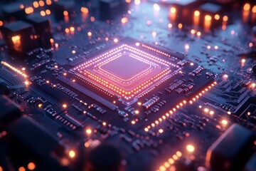 Fototapeta premium Revolutionizing technology a futuristic chip surrounded by laser matrix holography in an high fidelity environment