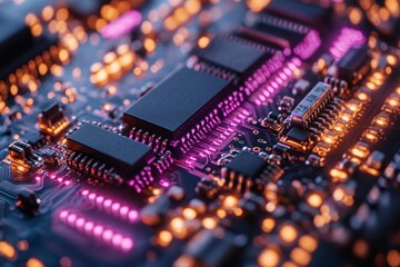 Obraz premium Exploring the intricacies of a complex circuit board digital laboratory high fidelity imagery vibrant purple and cyan colors