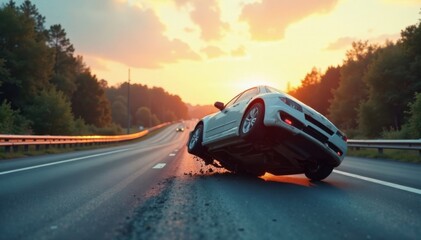 Car flips onto its side on a busy highway after collision, damage, wreck