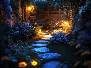 Fototapeta premium Enchanting garden pathway illuminated by warm lights amidst vibrant flowers and lush greenery creating a serene and inviting evening atmosphere
