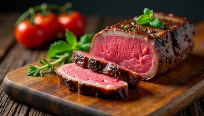 Dry aged entrecote beef steak sliced on a wooden board, steak, texture