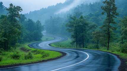 Fototapeta premium Winding highway through lush green mountains with an overcast sky in soft diffused lighting