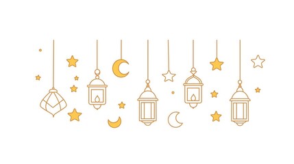 Ramadan themed illustration featuring hanging lanterns, stars, and moons. White background highlights festive decorations, perfect for holiday greetings and wallpaper.