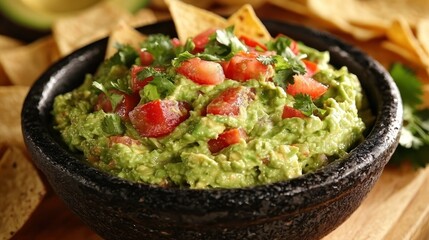 Guacamole in bowl with tortilla chips