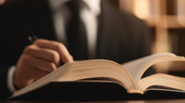 Business professional reviewing documents, male in formal attire flipping through book, warm lighting creating inviting atmosphere.
