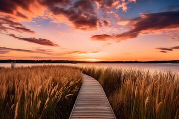 Sunset Serenity on the Coastal Marsh Boardwalk: Where Nature and Visitors Unite