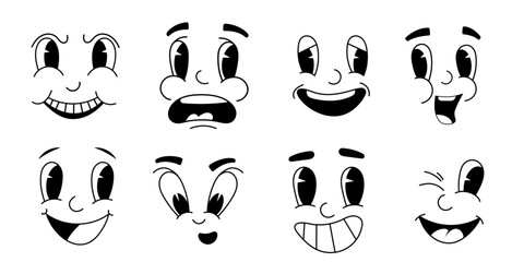 Set of 70s groovy comic faces. Collection vector elements of cartoon character faces