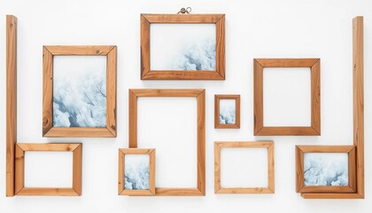 Fototapeta premium Rustic wooden photo frames, various sizes, clean white background, brown, photo frame