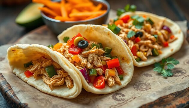 Savory msemen stuffed with shredded chicken & colorful vegetables, stuffed bread, vegetables