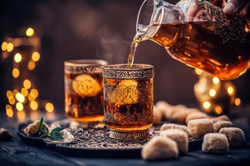 Elegant tea service with steaming cups and sugar cubes on a decorative tray, warm ambiance