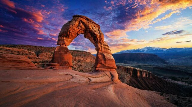 Sunset at delicate arch with vibrant sky, picturesque landscape. Nature wonder concept
