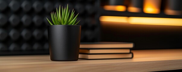 Potted Succulent Plant on Wooden Table with Books and Abstract Background Artistic Home Decor