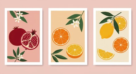 Obraz premium Colorful fruit illustrations, pomegranates and oranges and lemons, botanical art style, flat design, pastel background, vibrant colors, simple shapes, leaves and blossoms