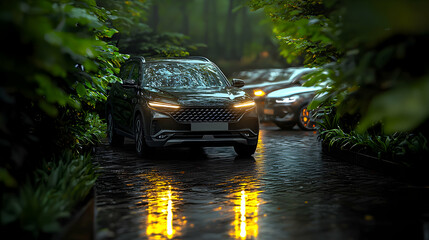 A dark automobile parked on a wet brick pathway outdoors