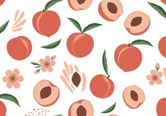 Peach pattern, botanical illustration, flat design, pastel colors, seamless repeat, pink peaches, peach blossoms, green leaves, peach pits, white background
