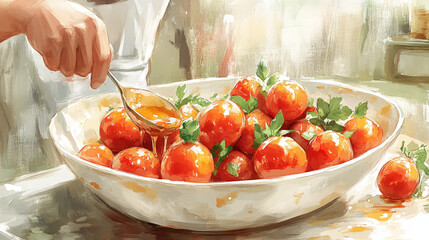 vibrant kitchen scene with person preparing dish of fresh tomatoes garnished with herbs, showcasing culinary creativity and freshness