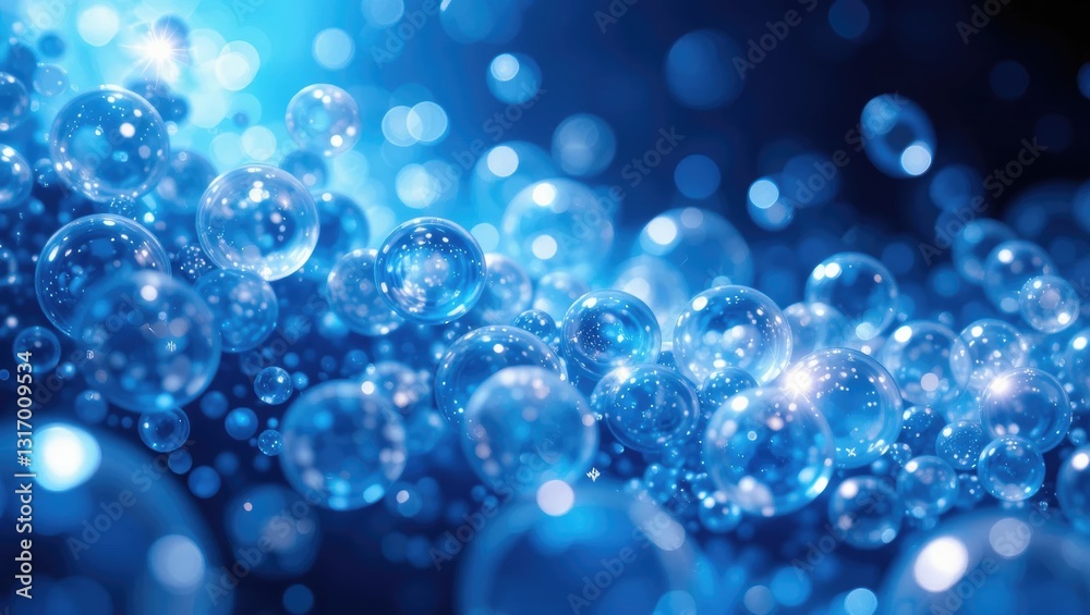 Wall mural abstract blue bubbles with light reflections creating a depth in water background
