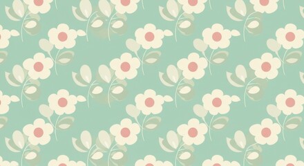 Fototapeta premium Retro floral pattern, pastel colors, mint green background, cream white flowers, pink centers, seamless repeat, vintage textile design, soft color palette