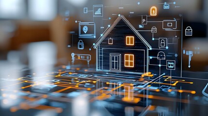 Conceptual visualization of a smart home hub interconnected with a blockchain circuit