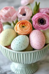 Pastel Easter Eggs and Ranunculus Flowers in a Decorative Bowl Springtime Celebration Still Life Photography with Soft Focus and Delicate Colors
