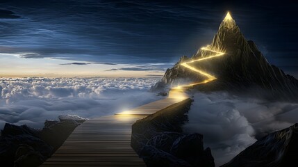 Captivating winding mountain pathway stretching through lush serene landscapes guiding the traveler towards a luminous mountaintop that signifies ultimate success and triumph over obstacles