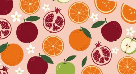 Colorful fruit pattern, seamless design, vibrant oranges, pomegranates, apples, flat illustration style, pastel pink background, citrus slices, white flowers, green leaves