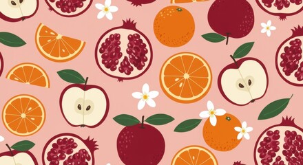 Colorful fruit pattern, seamless design, vibrant oranges, pomegranates, apples, flat illustration style, pastel pink background, citrus slices, white flowers, green leaves
