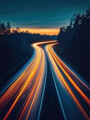 Obraz premium Dynamic highway at twilight with light trails cutting through the forest landscape in a long exposure shot