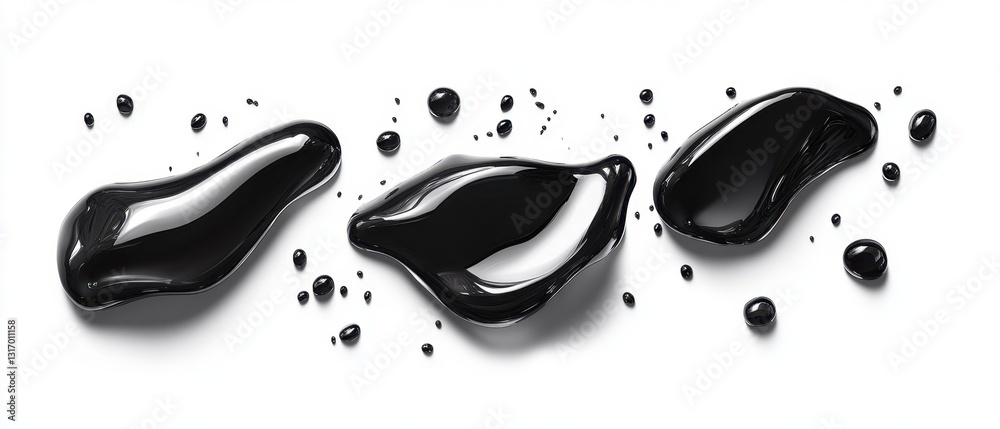 Poster abstract arrangement of glossy black liquid blobs on a white background with dynamic reflections and
