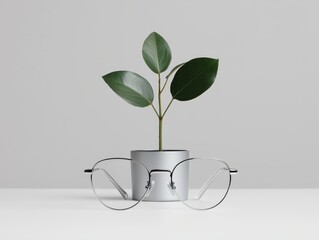 Silver Framed Eyeglasses Leaning Against Potted Plant Fresh Growth Symbol of Renewal