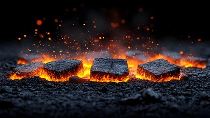 Close up view of a vibrant fiery volcanic lava texture with a scorching orange and deep black rocky crust  The molten glowing surface depicts the extreme heat and intensity of a natural