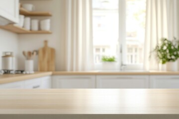 Fototapeta premium Bright, airy kitchen with light wood counters, white cabinets, and natural light. Food prep concept