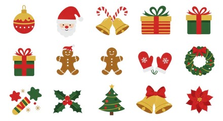 Fototapeta premium Christmas icons, festive symbols, colorful illustrations, flat design, holiday motifs, vector graphics, winter themes, celebration elements, seasonal decorations