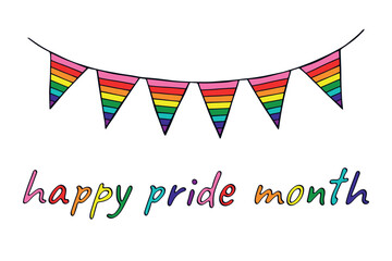 Obraz premium Colorful garland Gay pride flag Happy pride day LGBTQIA community Pride Month Vector hand drawn doodle for posters, stickers, logo, cards